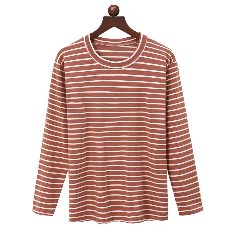 Spring Autumn T-shirts Middle-aged Elderly Mothers Spring Autumn Dress Striped Long-sleeved Loose Round Neck Base Shirt