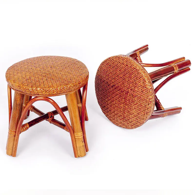 

Vine bamboo handmade woven low stool plant flower shelf small doorstep shoe changing stool minimalist children mini round chair