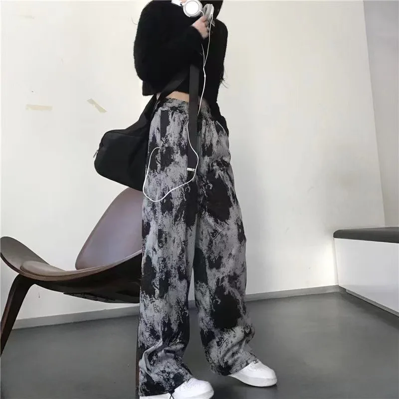 Casual Pants Women 2024 Spring New Versatile High Street Tie-Dye Straight Loose High Waisted Full Length Drawstring Pants Female