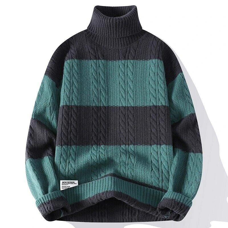 เสื้อสเวตเตอร์ผู้ชายสีแดง ฤดูใบไม้ร่วง ฤดูหนาว ปี 2026 เสื้อคอเต่าลำลอง ถักลายทาง สไตล์สตรีทแวร์