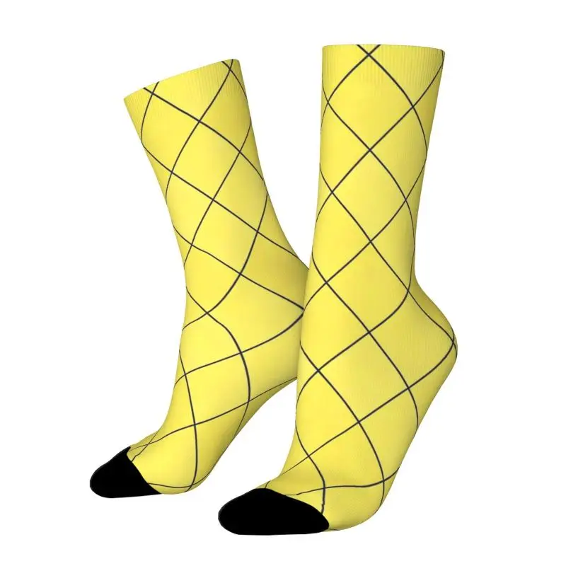 A Pair of Unisex Outdoor Socks with a Bright Yellow Plaid Pattern Featuring a Stylish and Versatile Design Machine Washable