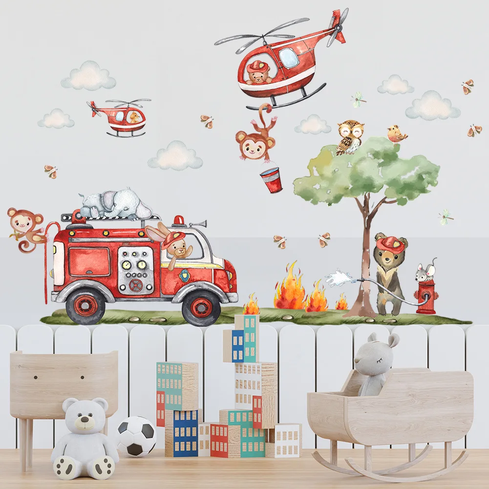 Creative cartoon animal firefighters sticker for living room kids room decoration self adhesive wall art decal