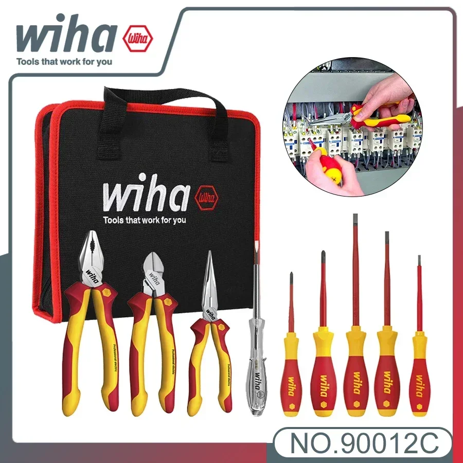 Genuine WIHA Electrician's Insulation Tool Set with Combination Pliers Set Screwdriver Set Electrical Test Pen Black Tool Bag 90