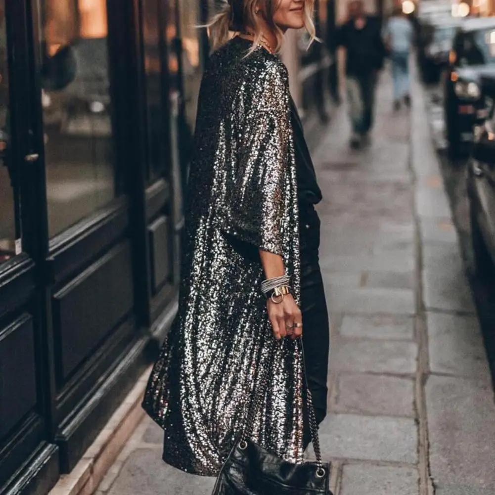 Women Coat Comfy Loose Outerwear Outwear Windproof  Stylish Shining Sequins Cardigan Jacket Top