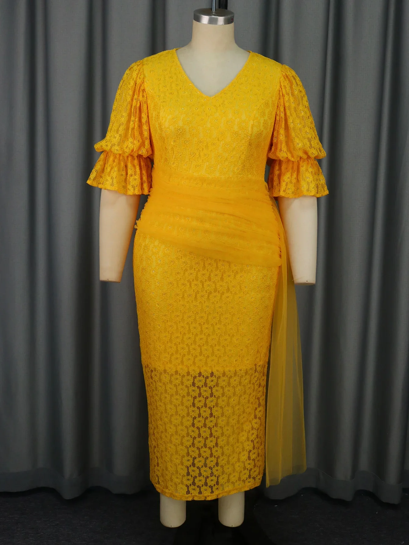 Vestido de noche amarillo Irregular para mujer, prenda elegante y Sexy con escote en V, mangas abullonadas, ceñido al cuerpo, 2024