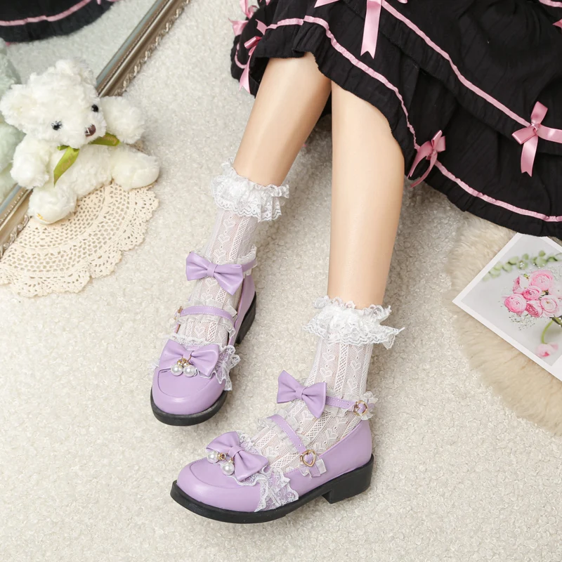 Womens Kawaii Bow Ankle Strap Lolita Cosplay Shoes Comfort Strappy Block Heel Mary Jane Lace Pumps Japanese Princess Dress Wear