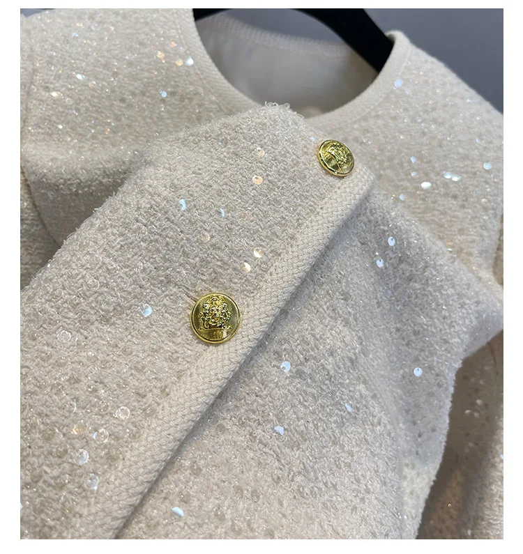 Small Fragrance Luxury Sequin Tweed Classic Jacket 2023 Autumn Winter New Round Neck Elegant Temperament Beige Women Coat