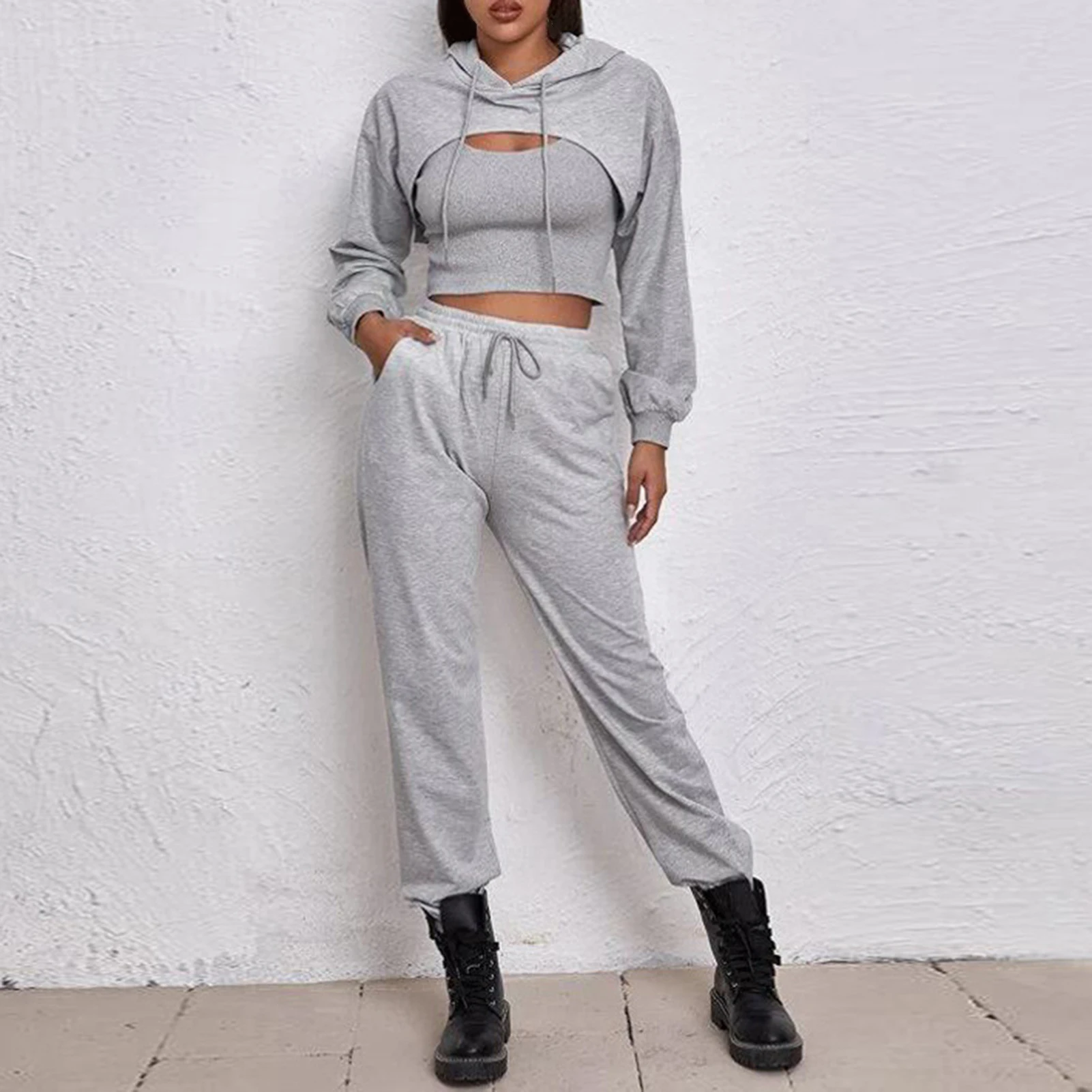 Women 3 Piece Sportswear Sets 2022 New Female Casual Hollow Hoodies Outfits Women\'s Trouser Suit Waist Elastic Sweatpants Suit