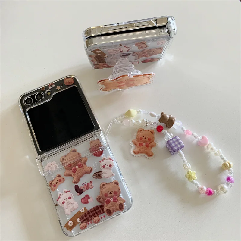 Coque de téléphone avec support ours en peluche mignon, coque de protection arrière pour Samsung Galaxy Z Flip 6, 5, 4, 3, ZFlip4, ZFlip5, ZFlip6