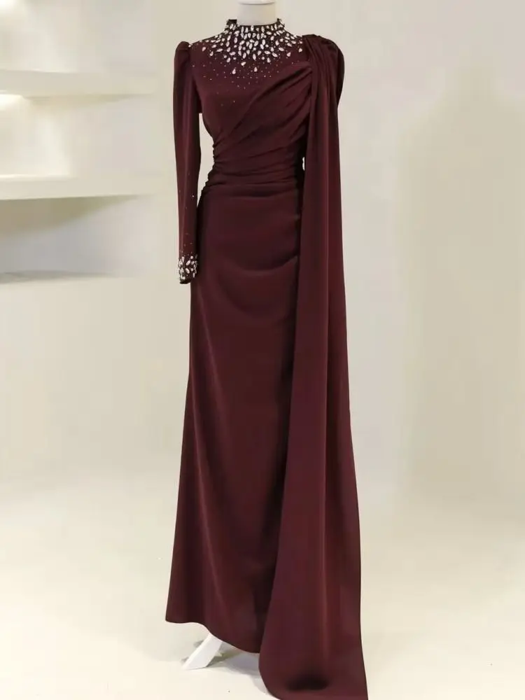 Eightale 2025, Burgunderrotes Abendkleid mit Perlen, langen Ärmeln, Saudi-Arabien, Abschlussball-Partykleid, formelle Damenkleider, individuell gestaltet