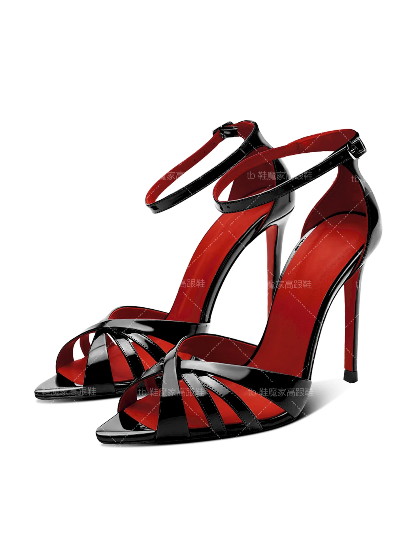 

European station 2025 new pointed toe one-word buckle strap stiletto sandals women's sexy red sole high heels large size shoes