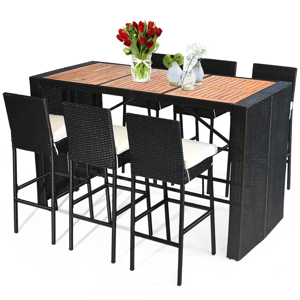 

7 Pcs Patio Rattan Wicker Bar Set, 30'' Bar Height Chairs With Back, Footrest And Cushion, Outdoor Table With Wooden Top For