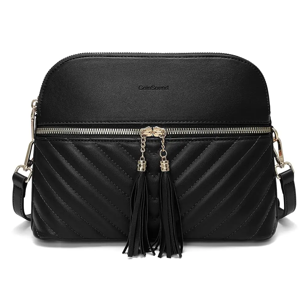 Chic Tassel Crossbody Bag for Women - Vegan Leather Double-Zip Shoulder Purse with Gold Hardware
