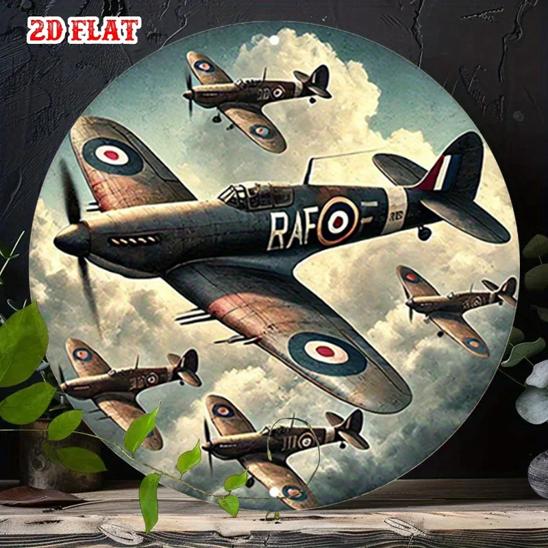 2D plane design, 1 piece of retro military aircraft circular wooden signboard - aerial combat scene on the battlefield
