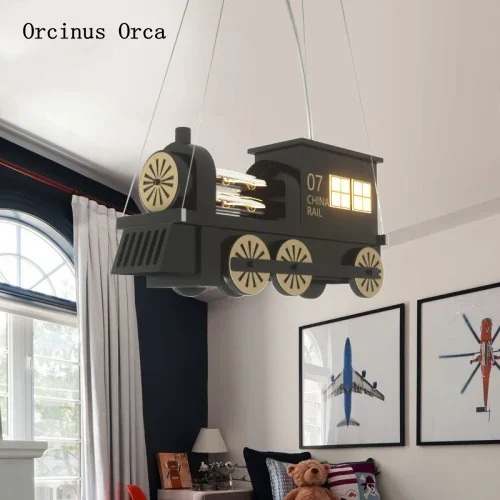 الإبداعية الكرتون قاطرة الثريا غرفة نوم غرفة الأطفال شخصية الرياح الصناعية الأسود البخار قطار الثريا #3