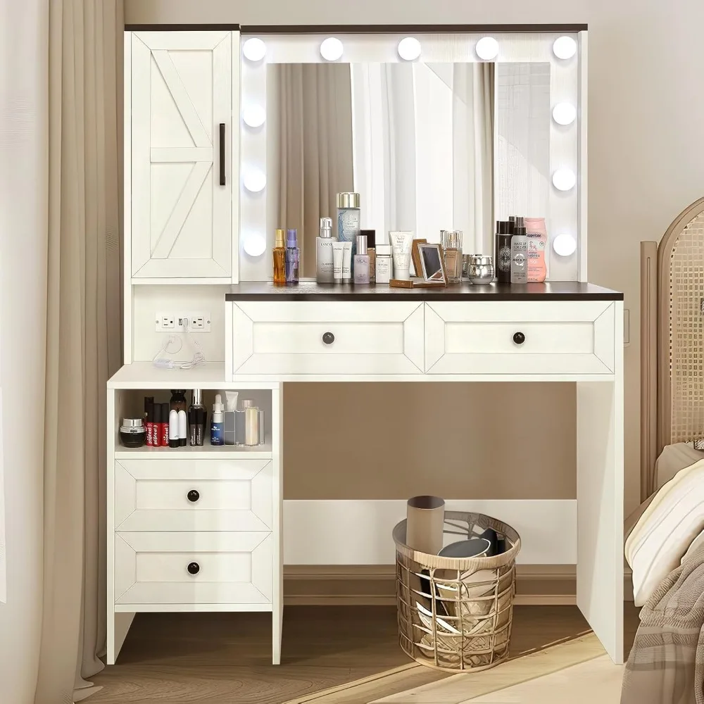 Dressing Table with Illuminated Mirror - Farmhouse Makeup Dressing Table with Drawers, Cabinets, and Power Sockets