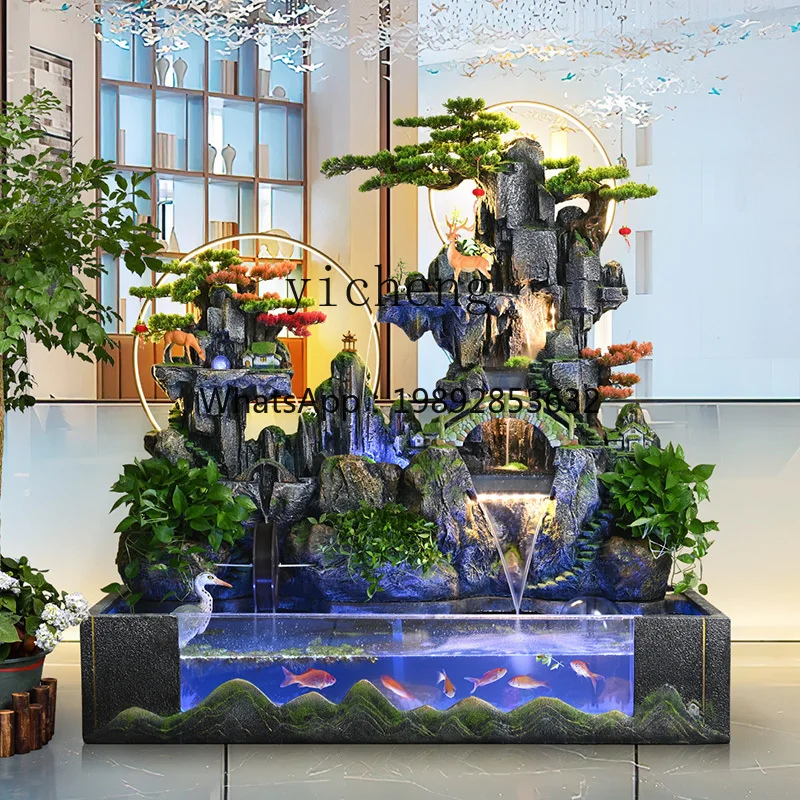 1TWR rockery, flowing water fountain ornament, lobby garden layout, floor-to-ceiling feng shui wheel to attract wealth