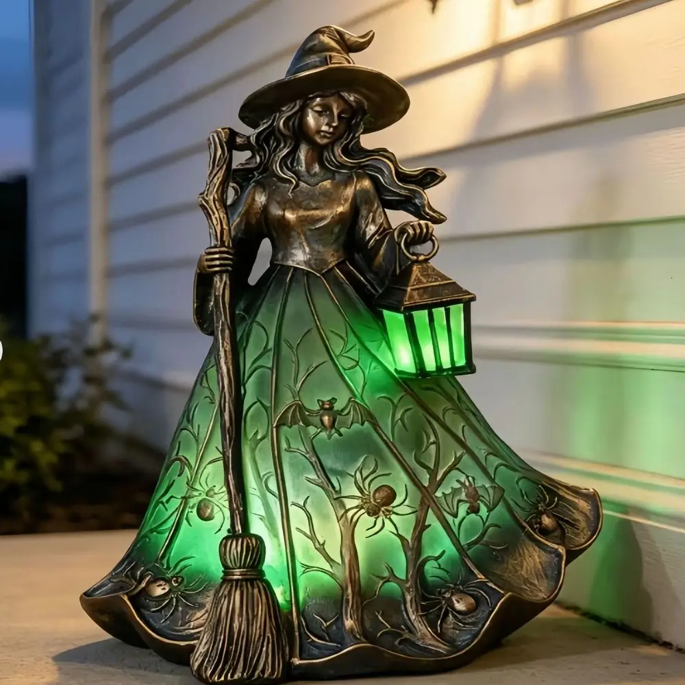 18cm Halloween Witch Lamp Standing Design Holding Lantern Broomstick Witch Statues Scary Funny Holiday Decorative Lamp