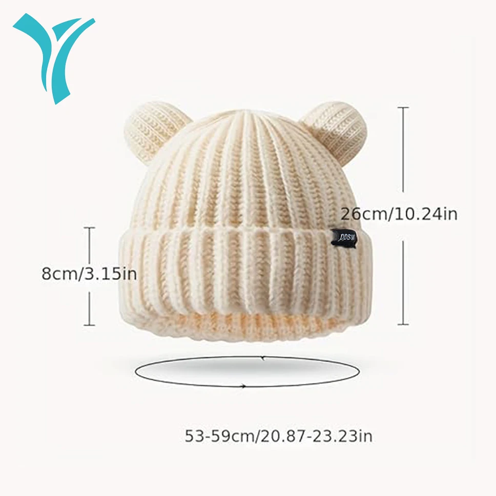 

Adult & Child Knit Beanie Hat, Winter Bear Ears Hat Warm Knitted Fleece Lined Woollen Ski Pompom Hat