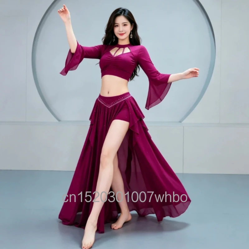 

New Set of Belly Dance Costumes for Dancers, Long Sleeved Practice Clothes, Fairy Style Lotus Leaf Ribbon Practice Class Clothes