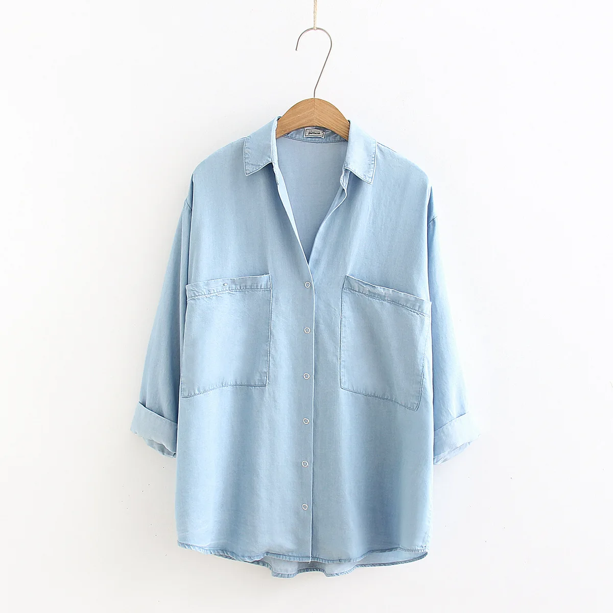 نصف كم الدنيم قمصان المرأة الصيف لينة الجينز لباس خارجي اثنين جيب بلوزات فضفاضة غير رسمية ثنى رقيقة معطف بلايز جديد T35442M #5