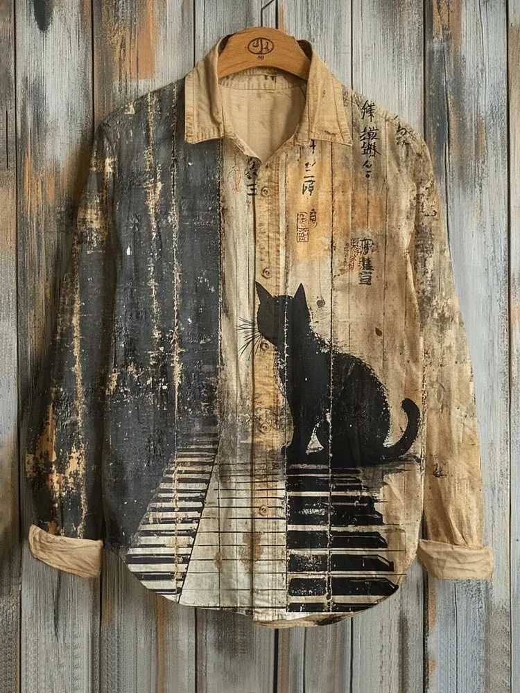 

Мужские рубашки большого размера, винтажные потертые рубашки с изображением кота на фортепиано, рубашка с длинными рукавами и японским художественным принтом, осень 2021, блузки для поездок на работу