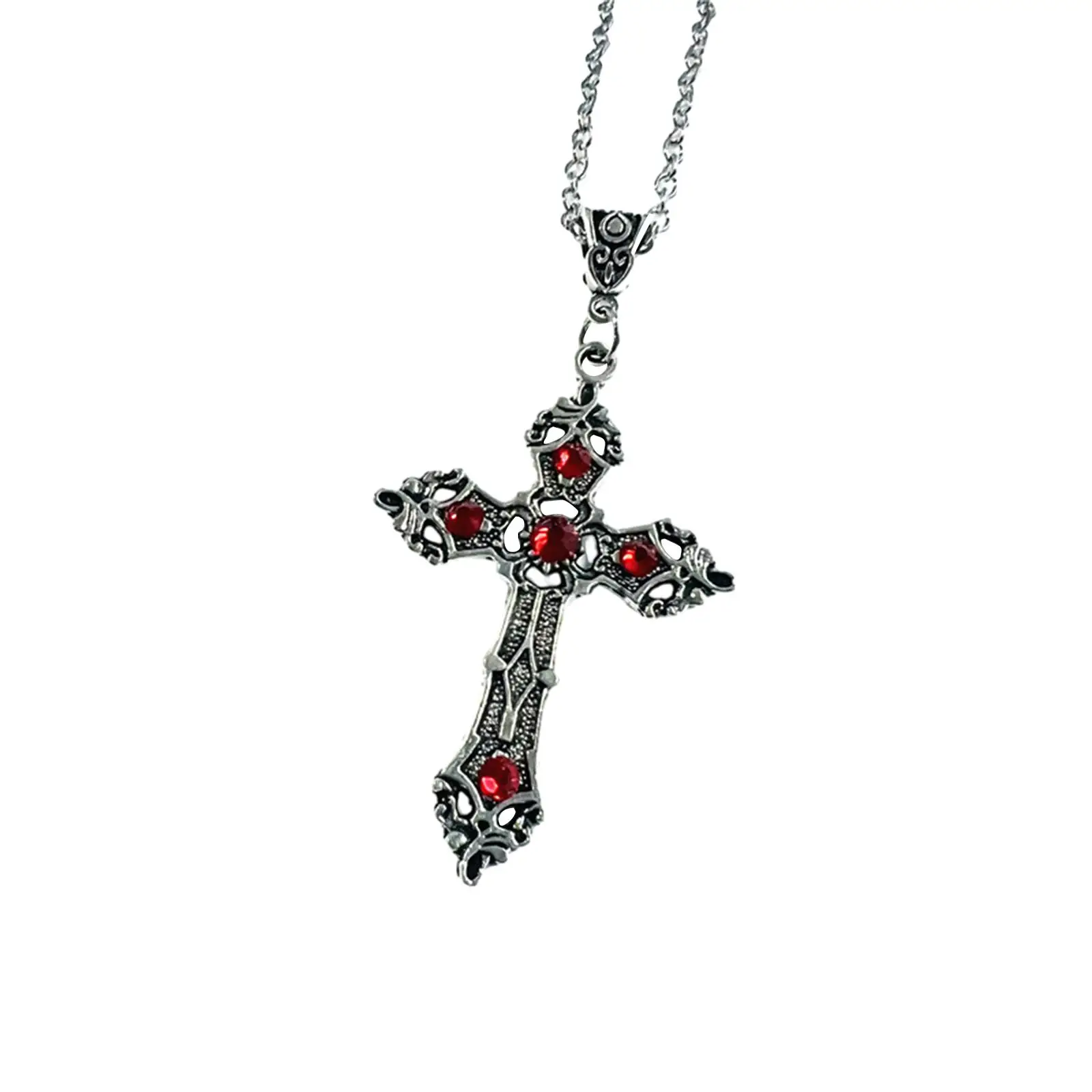 Cross Pendant Necklace Faith with Red Rhinestones Metal Men Women Goth Jewelry for Daily Wear Baptism Christmas New Year Gift