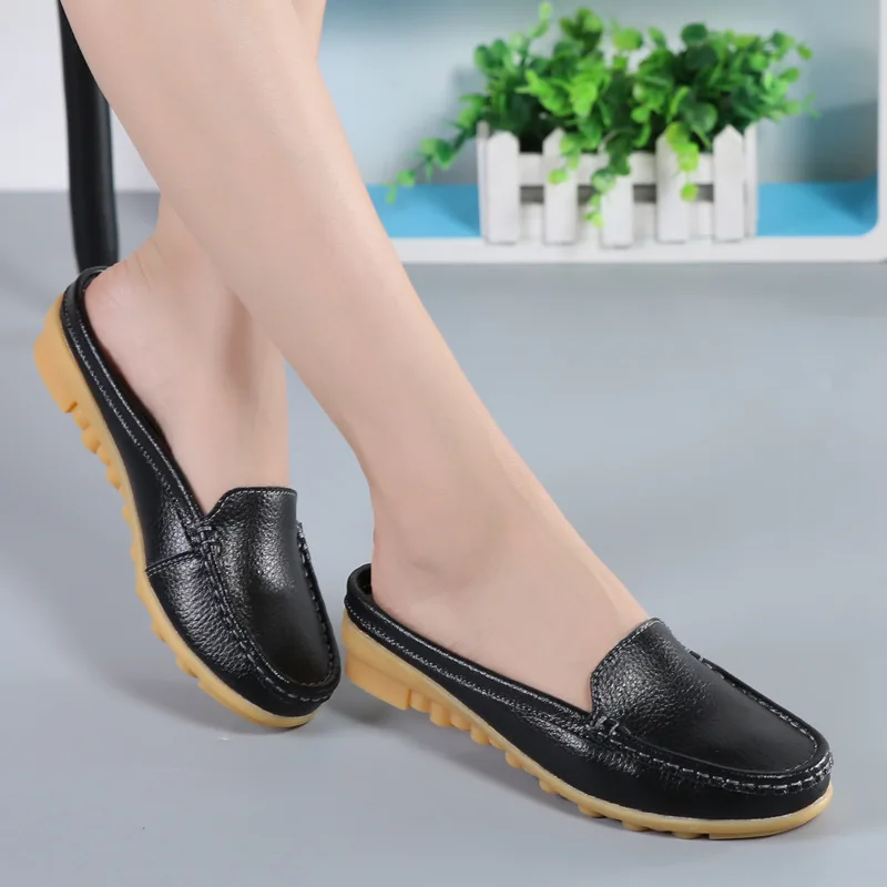 2024 New Flats Women\'s Shoes Summer Genuine Leather Moccasins Women Loafers Cut-outs Slippers Casual Shoes Woman Sandals