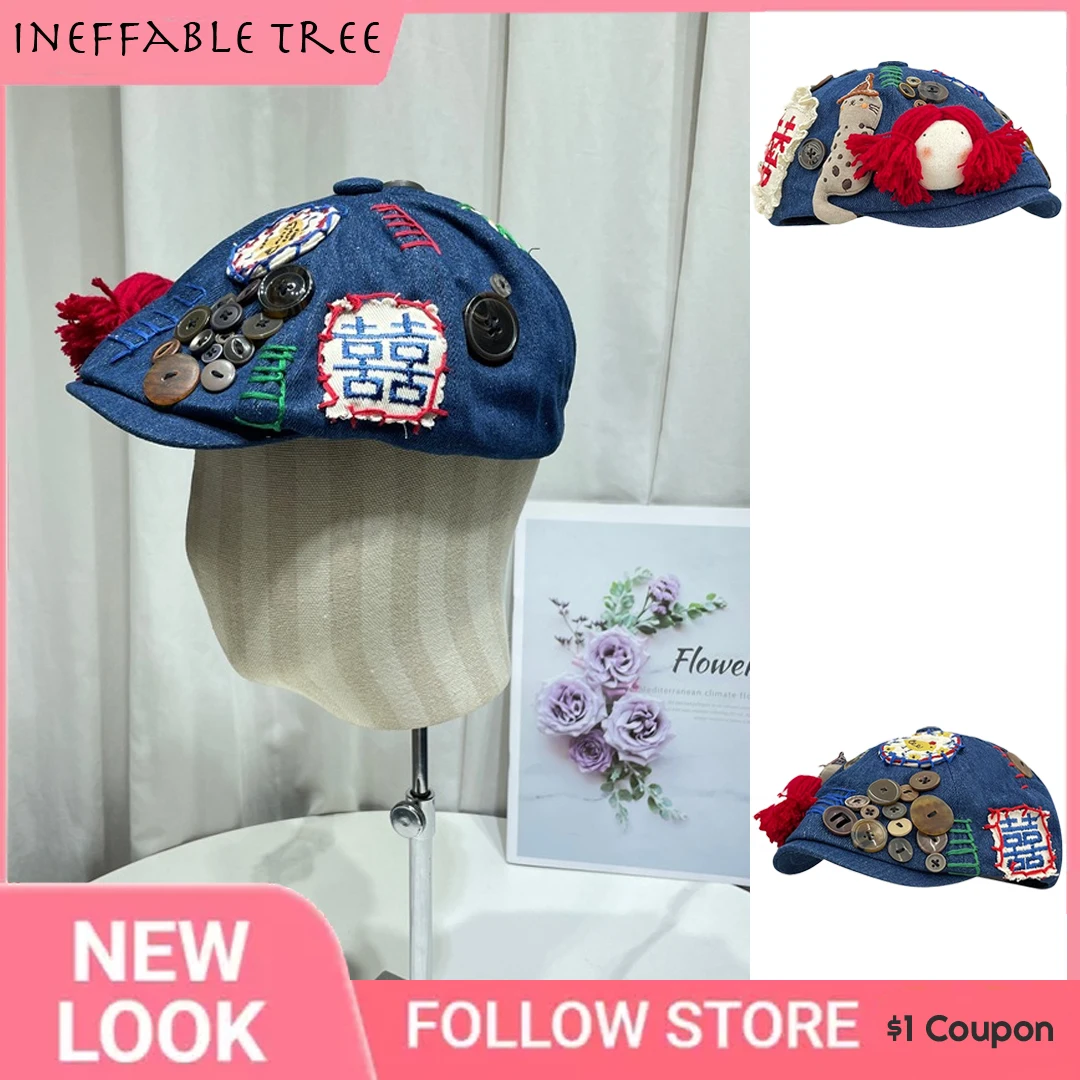 Original Cartoon Patch Button Design Denim Men Forward Beret Hat for Women Spring Autumn Short Brim Sunshade Wedding Party Cap