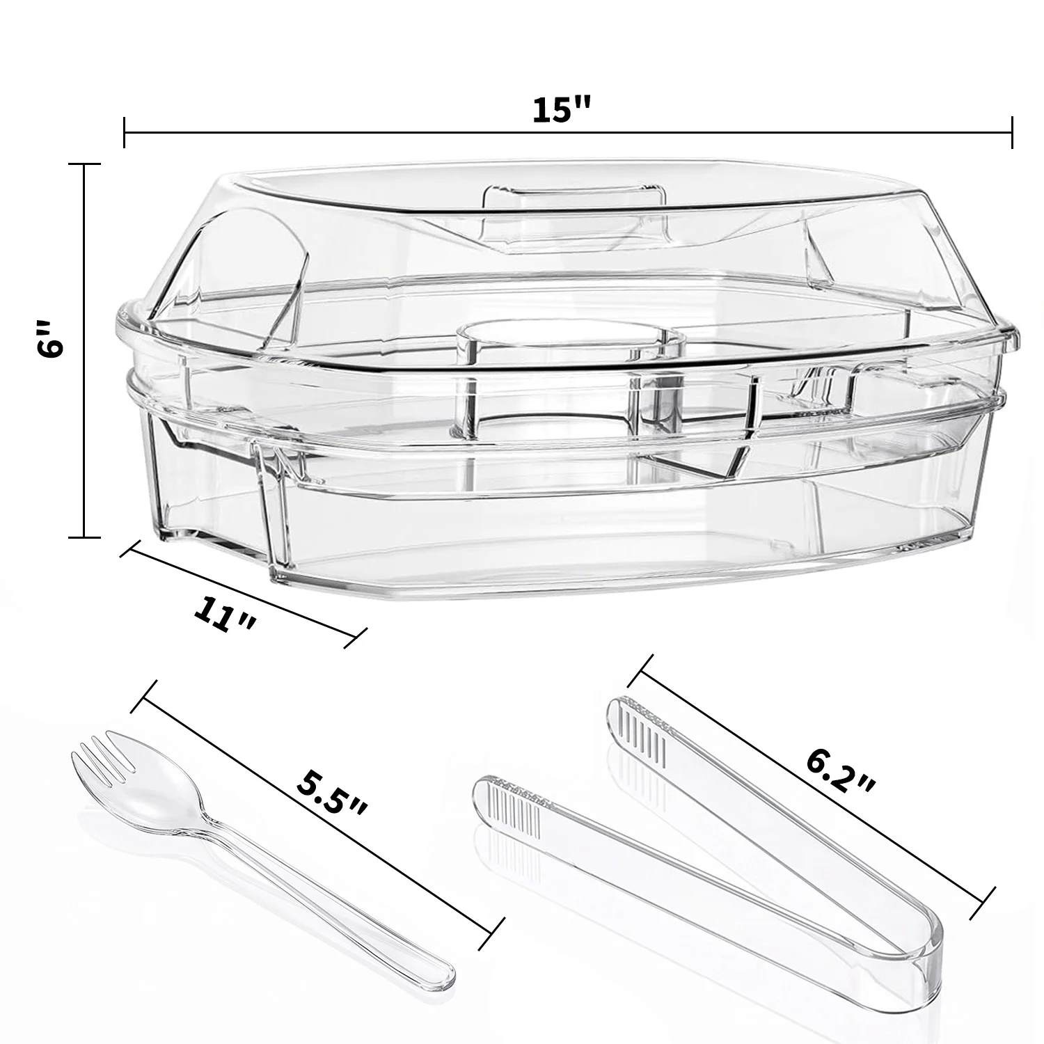 3-Tier Chilled Serving Tray with Ice Base – Divided Clear Plastic Platter for Party, Picnic, Salad, Appetizers, Fruit & Seafood – Includes Lid & Utensils