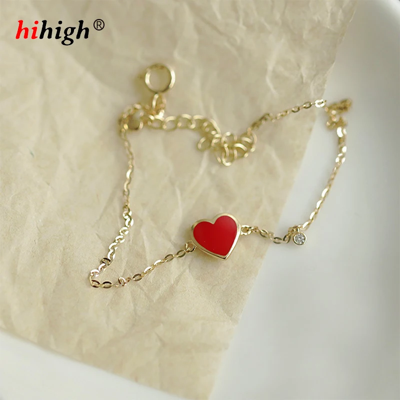 

S925 Sterling Silver Plated 14K Gold Bracelet Little Red Heart Enamel Drops Glue Very Delicate Cute Love Girl Young Fashionable