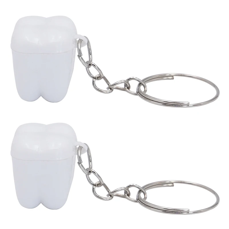 10PCS White baby tooth box keychain decoration accessories, tooth shaped decoration keychain with stainless steel keyring