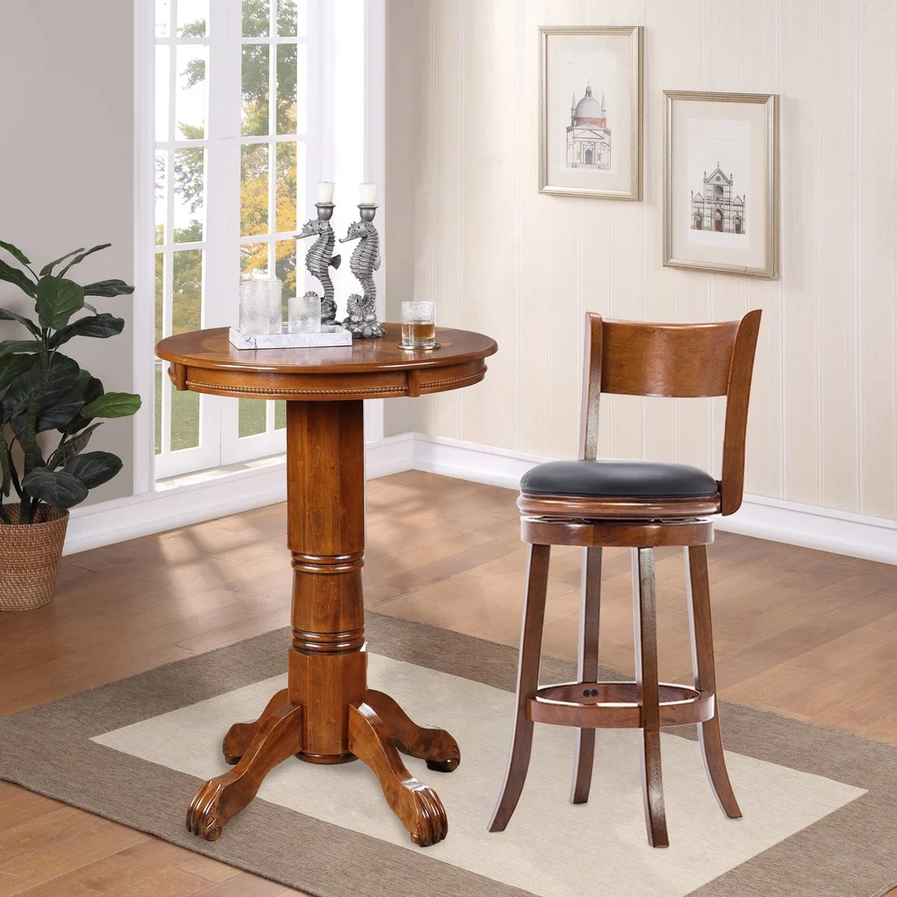 High Back Swivel Wood Bar Stool 29in Durable Faux Leather Seat 360 Degree Rotation Flared Legs Footrest Kitchen Dining Room Bar