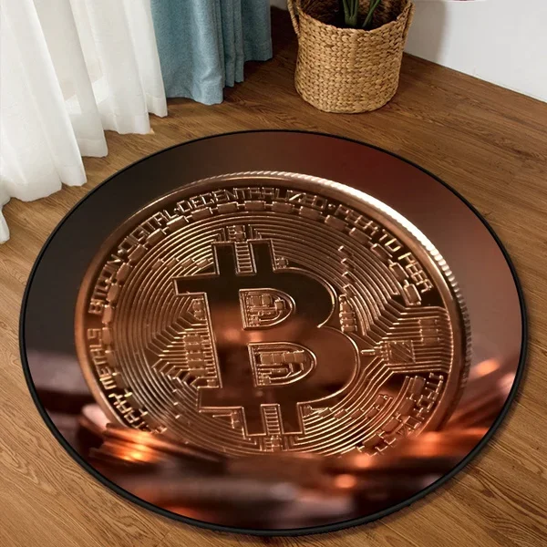 Round Flannel Rug With Blockchain And Bitcoin Symbol Theme Modern Tech Art Decor Soft Non Slip Area Carpet For Indoor Use