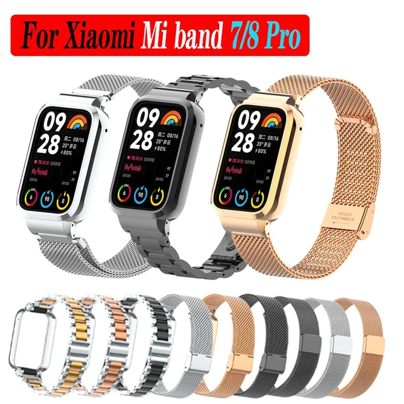 Bracelet en métal pour Xiaomi Mi Band, bracelet en acier inoxydable, bracelet de montre intelligent, housse de protection, 8, 7 Pro