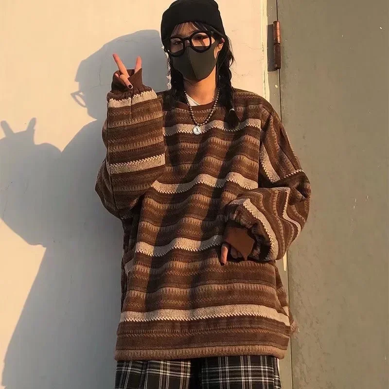 Autumn Winter Pullover Women Vintage Striped Oversize Sweater Long Sleeve Knitted Tops Hip Hop Streetwear Pullover Female Y2k