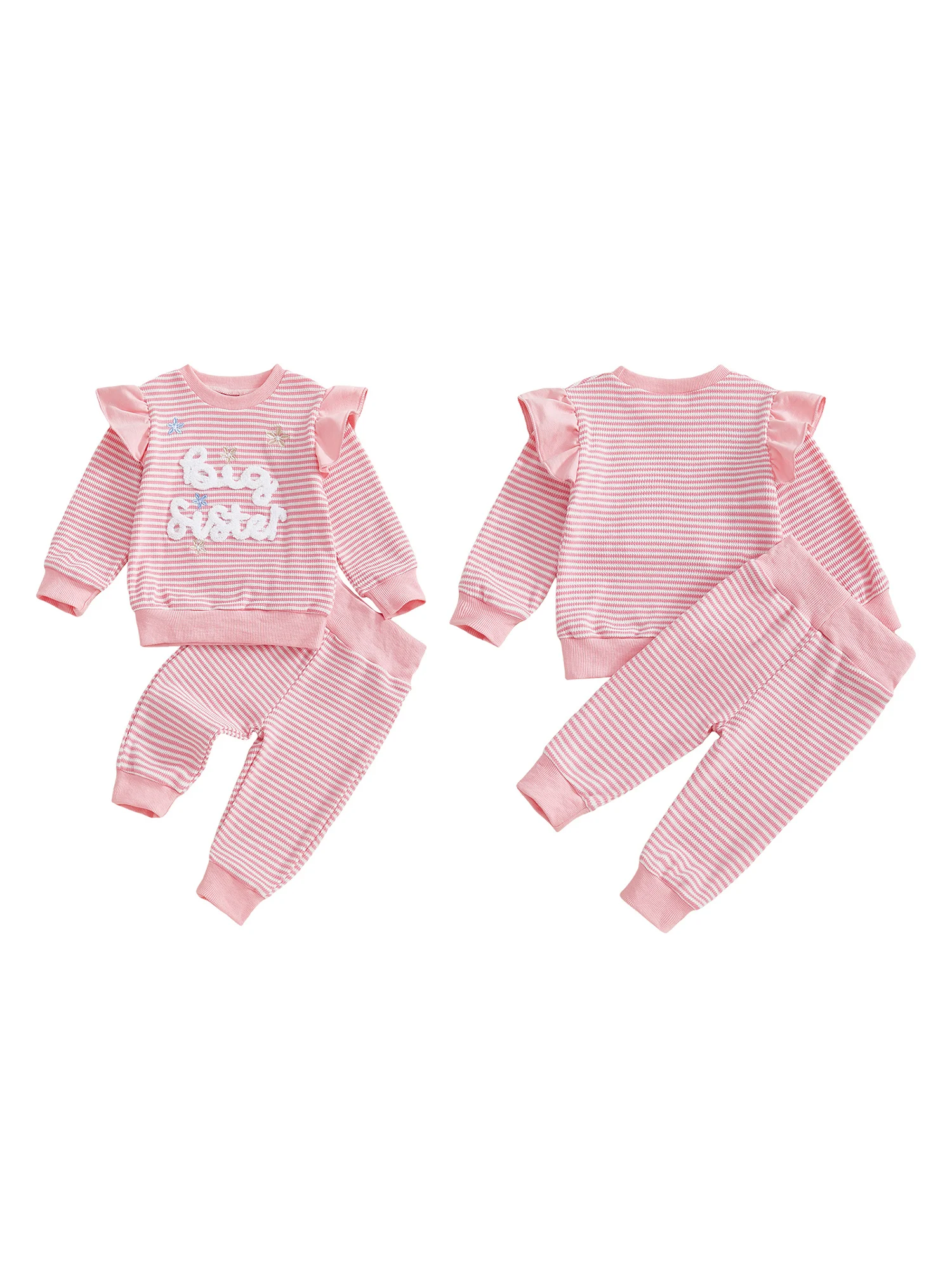 

Girls Autumn Waffle Knit Set with Embroidered Letters Striped Long Sleeve Top and Elastic Waist Pants for Toddlers
