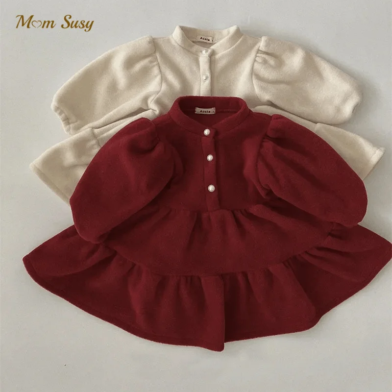 

Christmas Baby Girl Polar Fleece Princess Dress Infant Toddler Child Vestido Long Puff Sleeve Solid Outwear Baby Clothes 12M-7Y