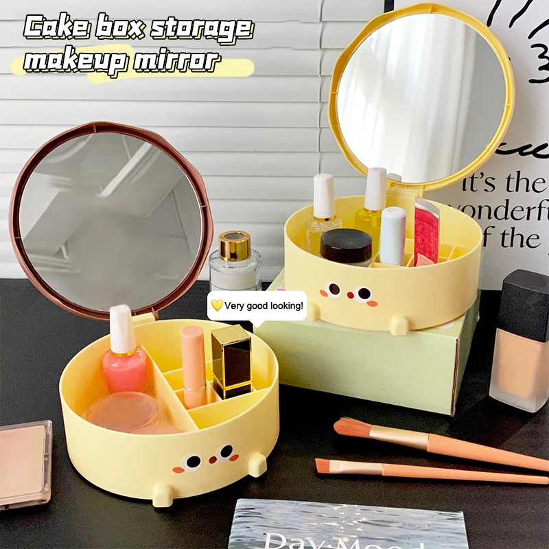 Storage Vanity Mirror Cute Cake Makeup Mirror Placed On The Table With Teddy Bear Jewelry Round High-definition Mirror