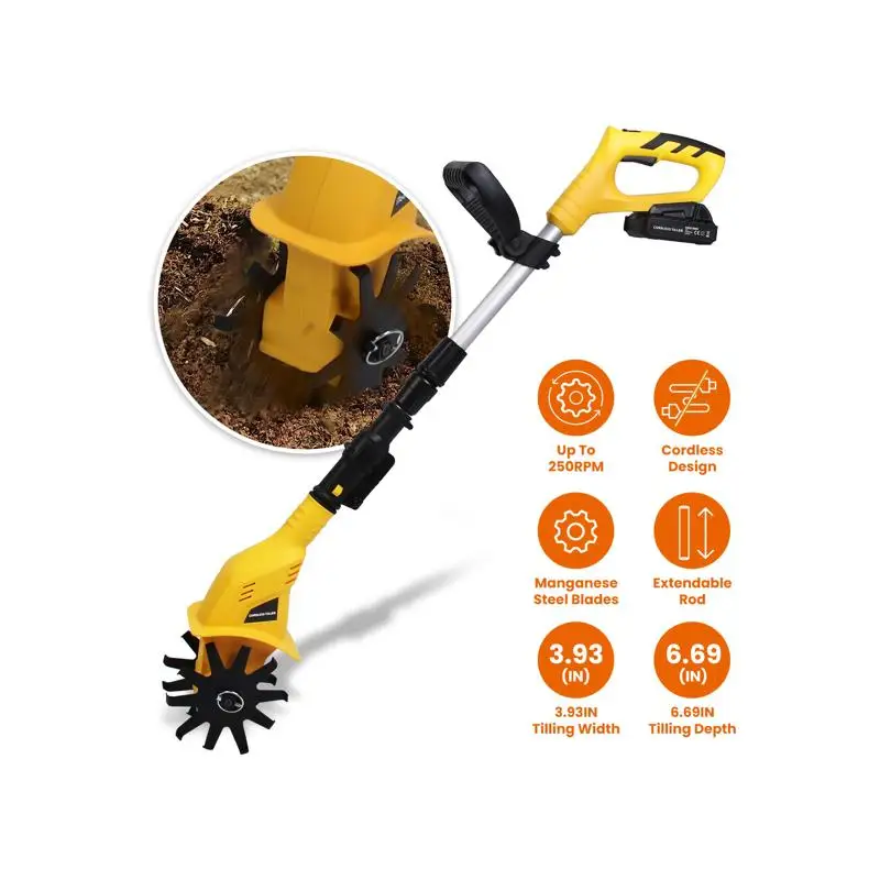 Cordless Electric Garden Tiller Cultivator with 20V Rechargeable Battery, 3.93in Width, 6.69in Depth, 250 RPM Max for Garden