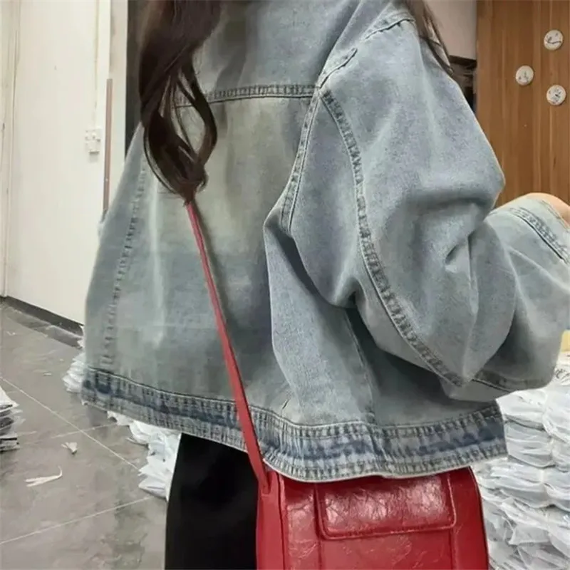 2025 الربيع والخريف جديد Vintage الدنيم سترة المرأة موضة س الرقبة طويلة الأكمام فضفاضة جينز غير رسمي معطف الإناث الملابس T1205