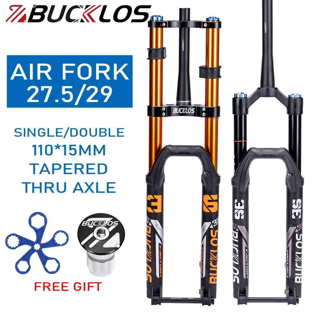 BUCKLOS Downhill Bike Fork 15*110mm Mountain Bike Fork Air Suspension AM MTB Forks Single Double Shoulder DH Forks Bike Part