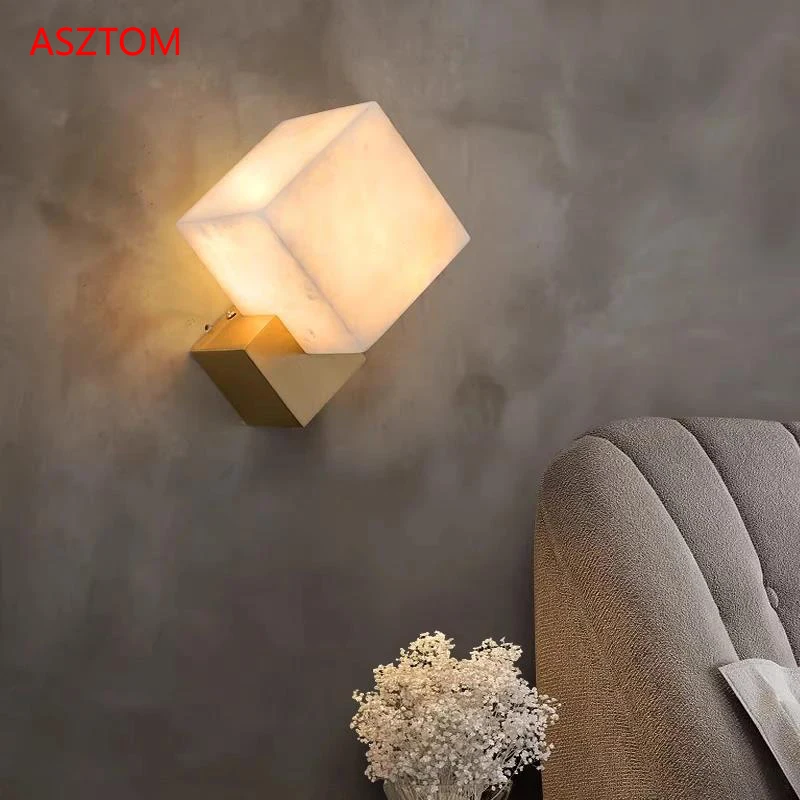 

Luxury jade wall lamps Luminaires Modern LED home decor study living room Bedroom bedside Square marble Lighting fixtures