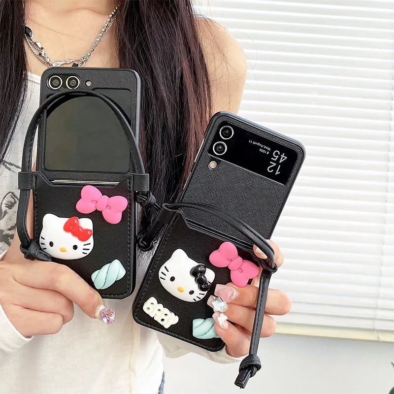 

Sanrio Black Hello Kitty Mobile Phone Case Suitable for Samsung Flip Galaxy ZFlip3 4 5 ZFlod3 4 5 Mobile Phone Case Card Holder