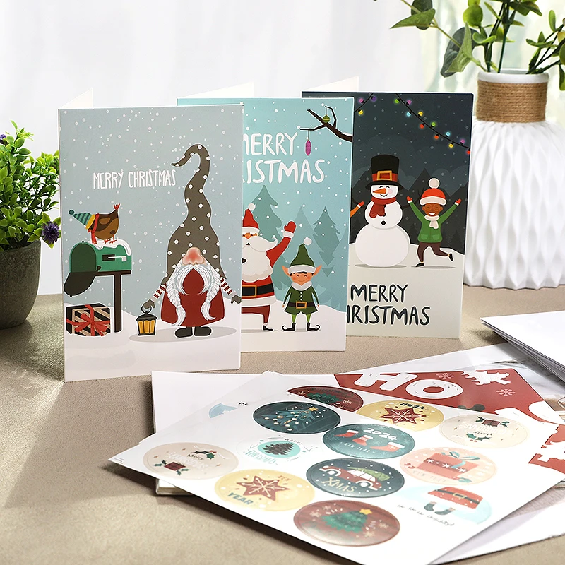 42pcs/set Christmas Greeting Card Cartoon Abstract Pattern With Envelopes And Label Stickers Folding Card Xmas Gifts For Friends