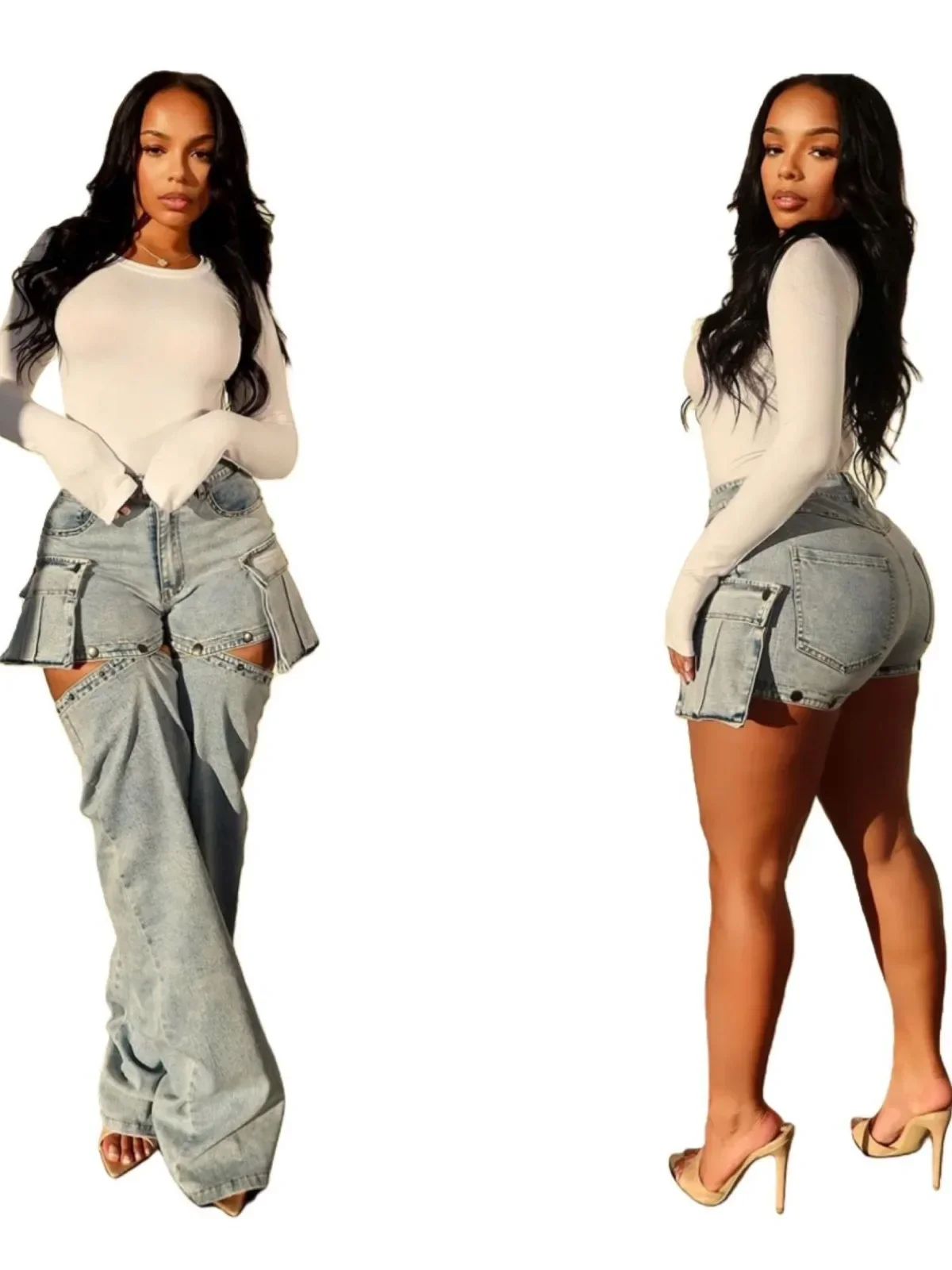 Jeans Women Hollow Out Pants Detachable Shorts High Waist Strecth Pockets Denims Distressed Streetwear 2026 Straight Trousers
