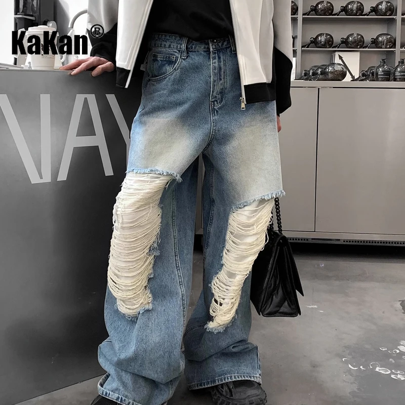 Kakan - American Street New Big Hole Patch Jeans for Men, Retro Made Old Straight Style Men's Long Pants K27