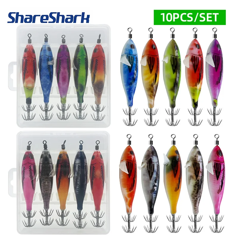 

Набор светящихся приманок ShareShark 2 Box 8 см: горизонтальные светящиеся кальмароискатели, деревянные приманки для креветок, кальмаров и осьминогов для ночной рыбалки