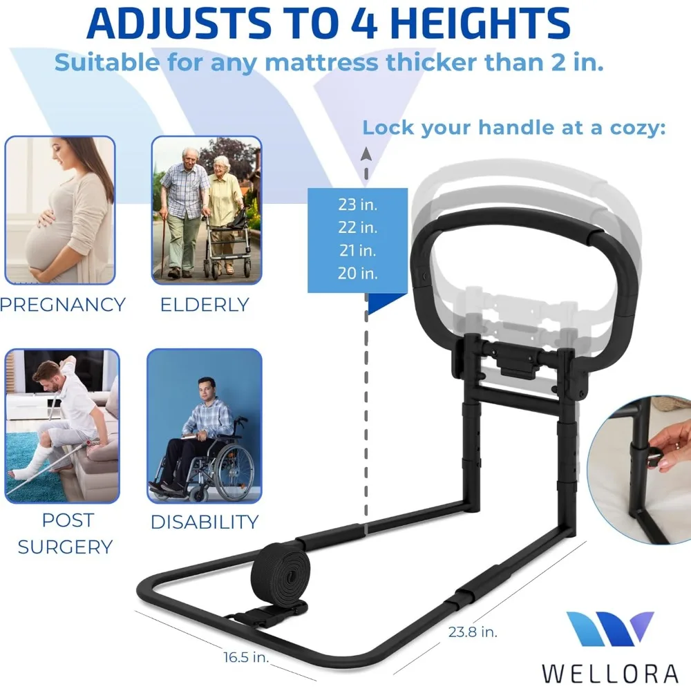 Foldable Adjustable Bed Safety Rail for Elderly - Supports 330lbs, LED Light & Storage Bag Included - Fits All Mattress Sizes