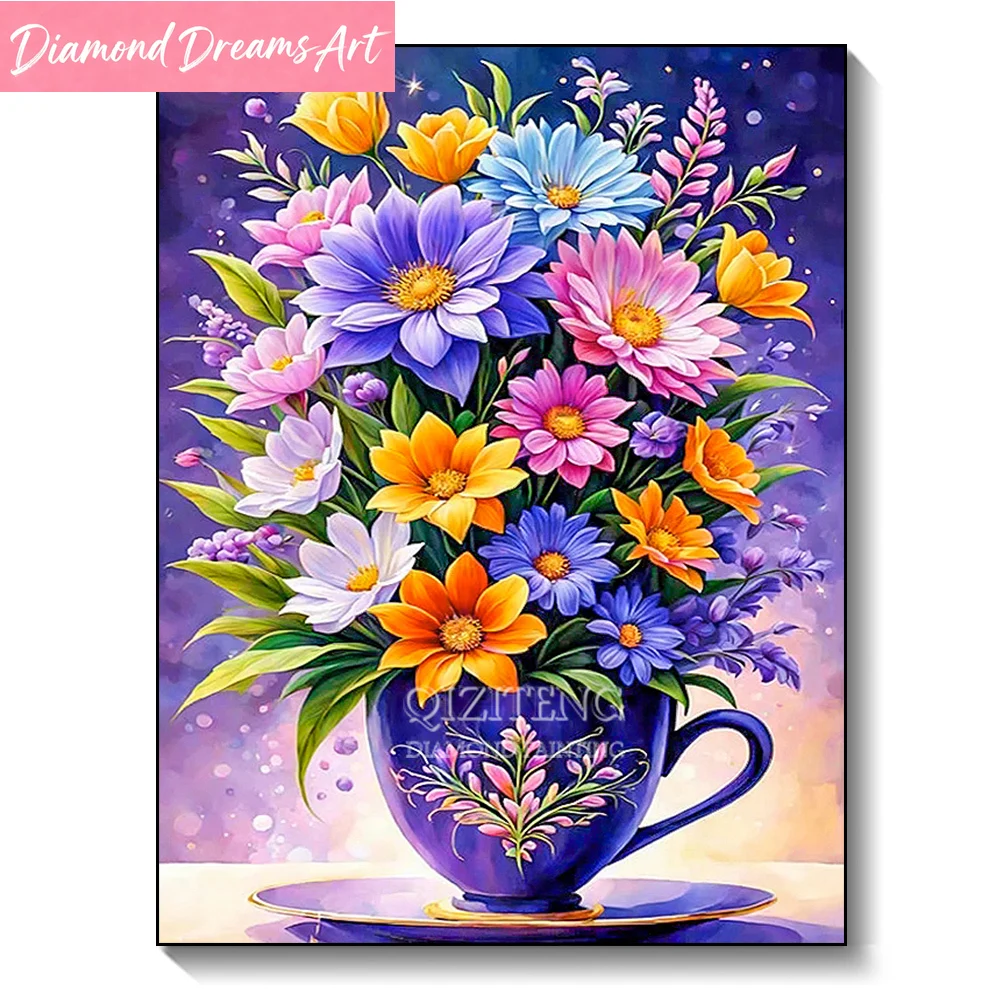 Rahmenloses, Neues Kollektionsmodell 2024 Diamant-Malerei Blumenstrauß in Tasse Farbige Blumenkunst Voll-Diamant-Mosaik Kreuzstich-Set für Heimwanddekoration